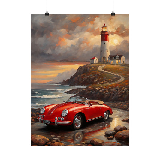 Vintage Car Lighthouse Poster, Coastal Wall Art, Home Decor, Unique Gift for Car Lovers, Nautical Wall Art, Retro Aesthetic