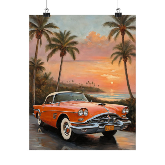 Retro Car Art Poster, Vintage Wall Decor, Matte Vertical Poster, Palm Tree Sunset Print, Classic Car Home Decor, Nostalgic Artwork
