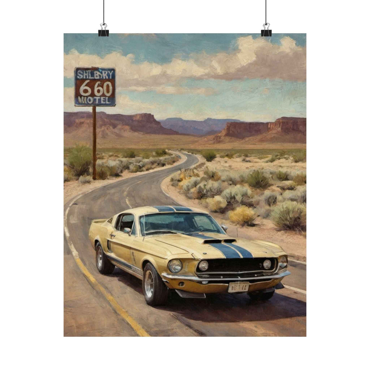 Vintage Mustang Road Trip Poster — Shelby 660 Motel Matte Vertical Art