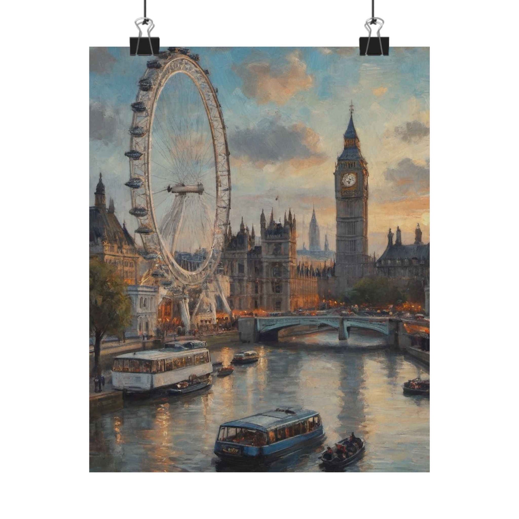 London Skyline Poster — Vintage Thames River Matte Vertical Print (Big Ben & London Eye)
