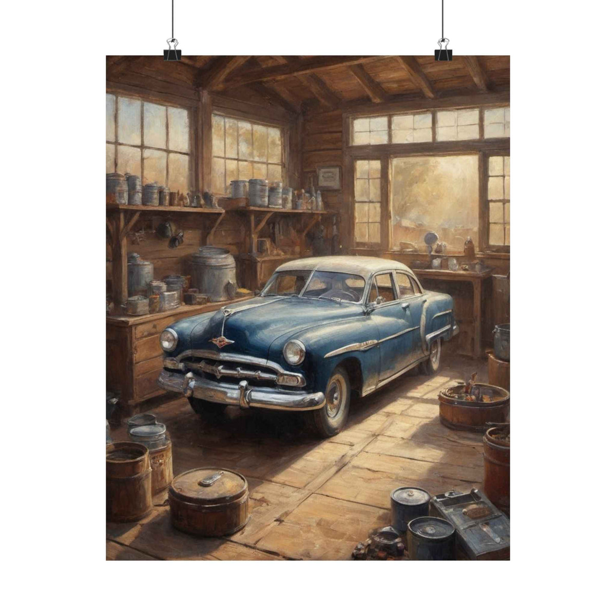 Vintage Blue Car Garage Poster — Matte Vertical Automotive Wall Art