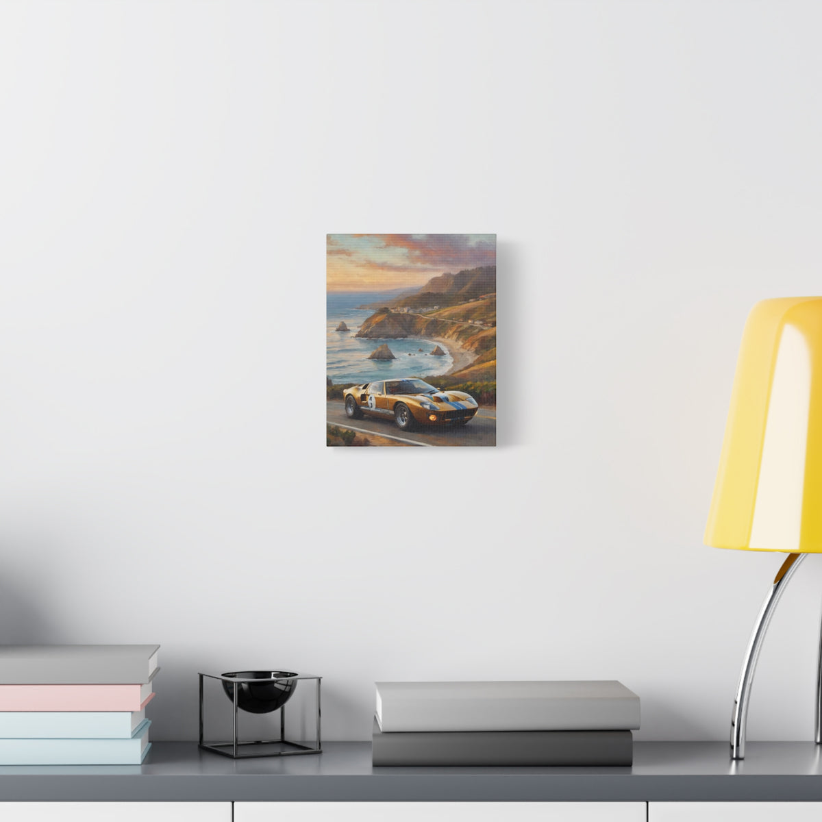 1966 Ford GT40 Canvas Wall Art Vintage Gold Race Car Painting Pacific Coastal Highway Sunset Ocean Stretched Canvas Print for Living Room Office Decor