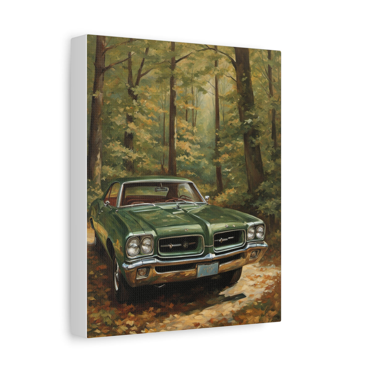 1964 Pontiac GTO Canvas Wall Art Vintage Dark Green Muscle Car Painting Autumn Forest Dirt Road Stretched Canvas Print for Living Room Office Decor