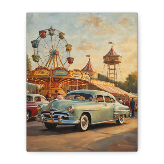 Vintage Carnival Art Canvas Print | Nostalgic Car Decor, 1950s Wall Art, Retro Home Decor, Fairground Artwork, Gift for Car Lovers