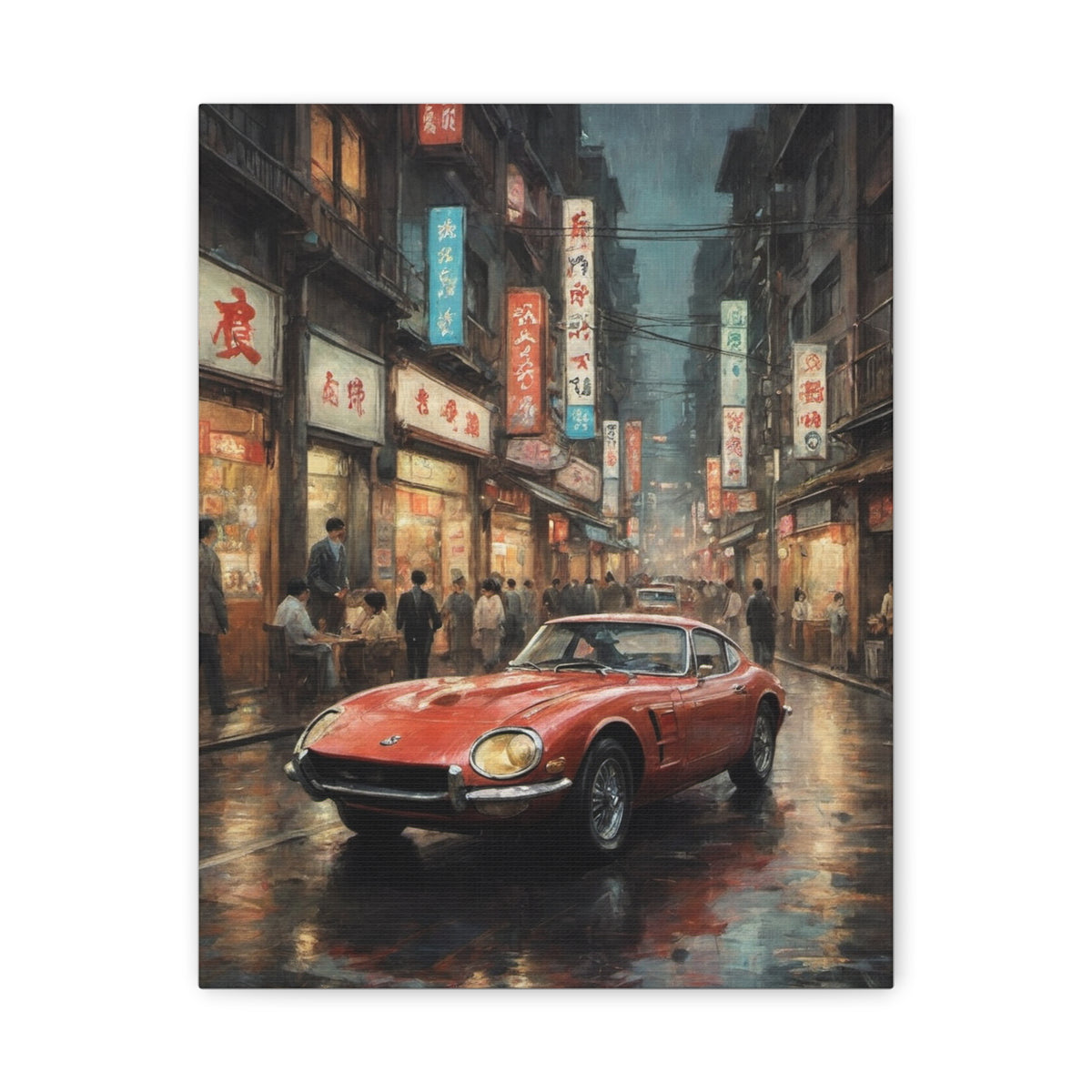 Vintage Red Sports Car Canvas – Retro Tokyo Night Street Wall Art, Matte Stretched 1.25"