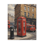 London Street Scene Matte Canvas Print — Red Phone Booth & Taxi Wall Art, Stretched 1.25"