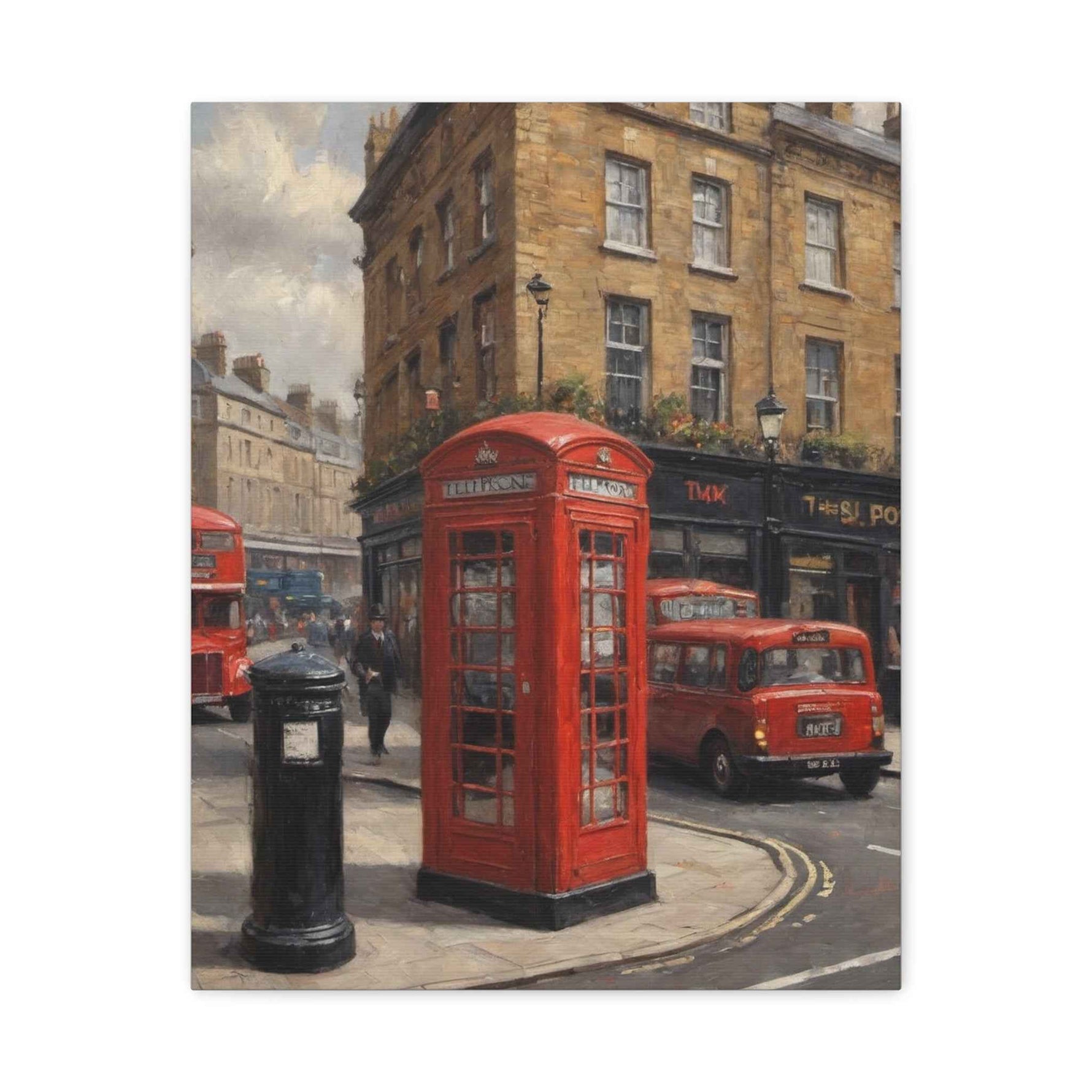 London Street Scene Matte Canvas Print — Red Phone Booth & Taxi Wall Art, Stretched 1.25"