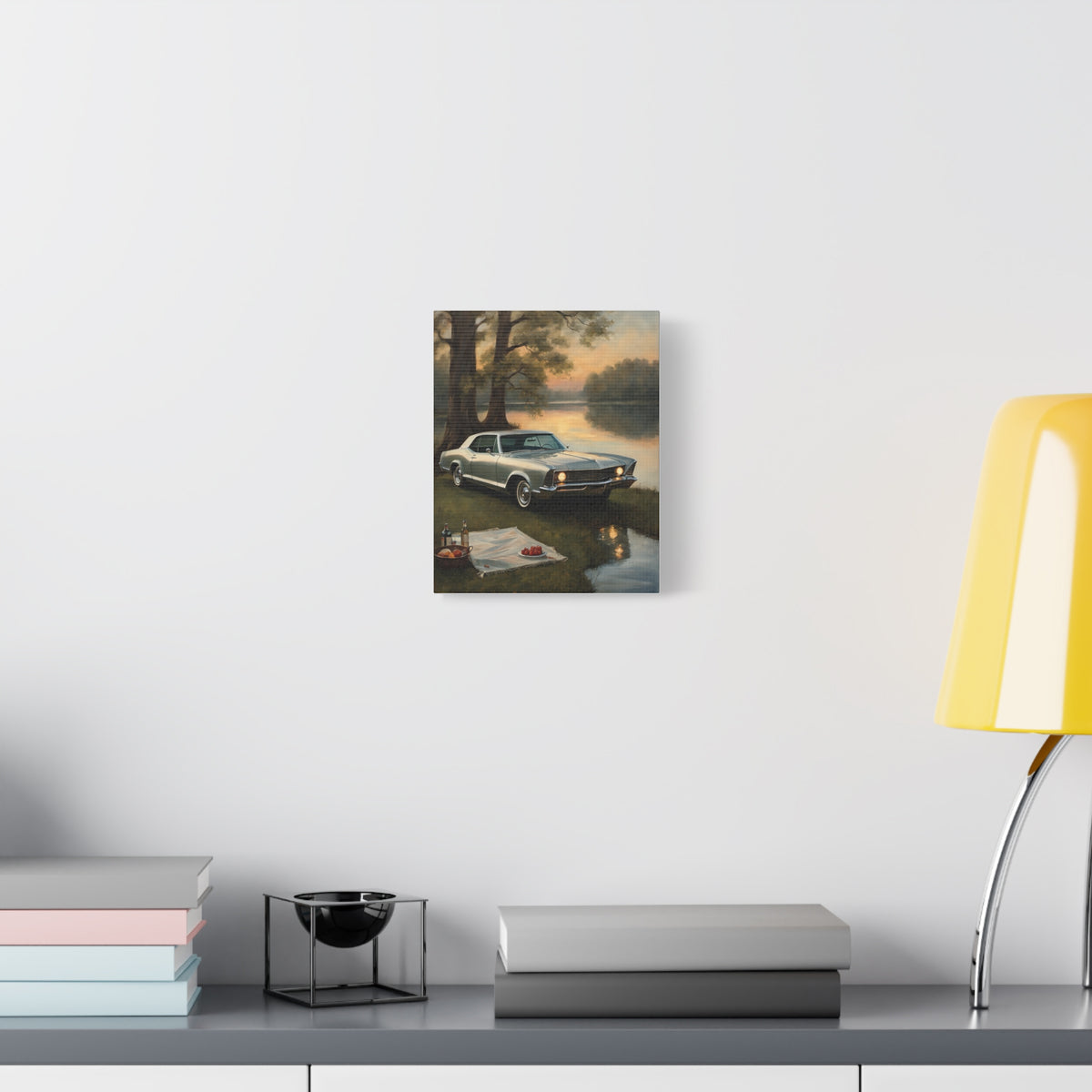 1965 Buick Riviera Canvas Wall Art Vintage Pearl Silver Classic Coupe Painting Sunset Lake Picnic Landscape Stretched Canvas Print for Living Room Office Decor