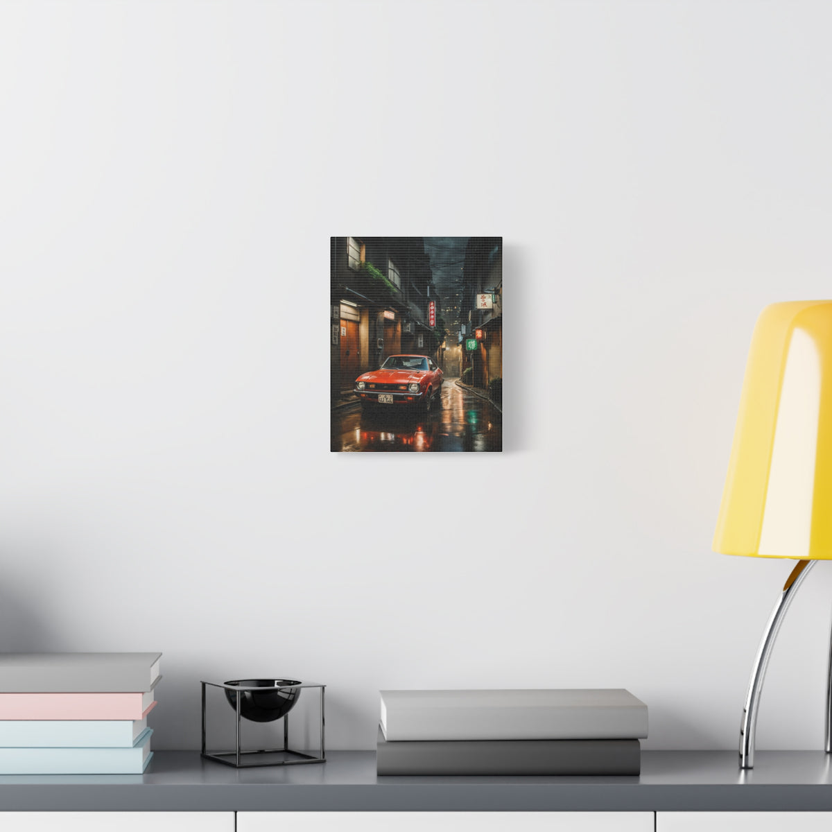 1974 Toyota Celica GT Canvas Wall Art Vintage Bright Orange Japanese Sports Coupe Painting Tokyo Night Alleyway Neon Wet Asphalt Stretched Canvas Print for Living Room Office Decor