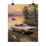 Vintage Muscle Car Poster — Sunset Lakeside Picnic Matte Vertical Print