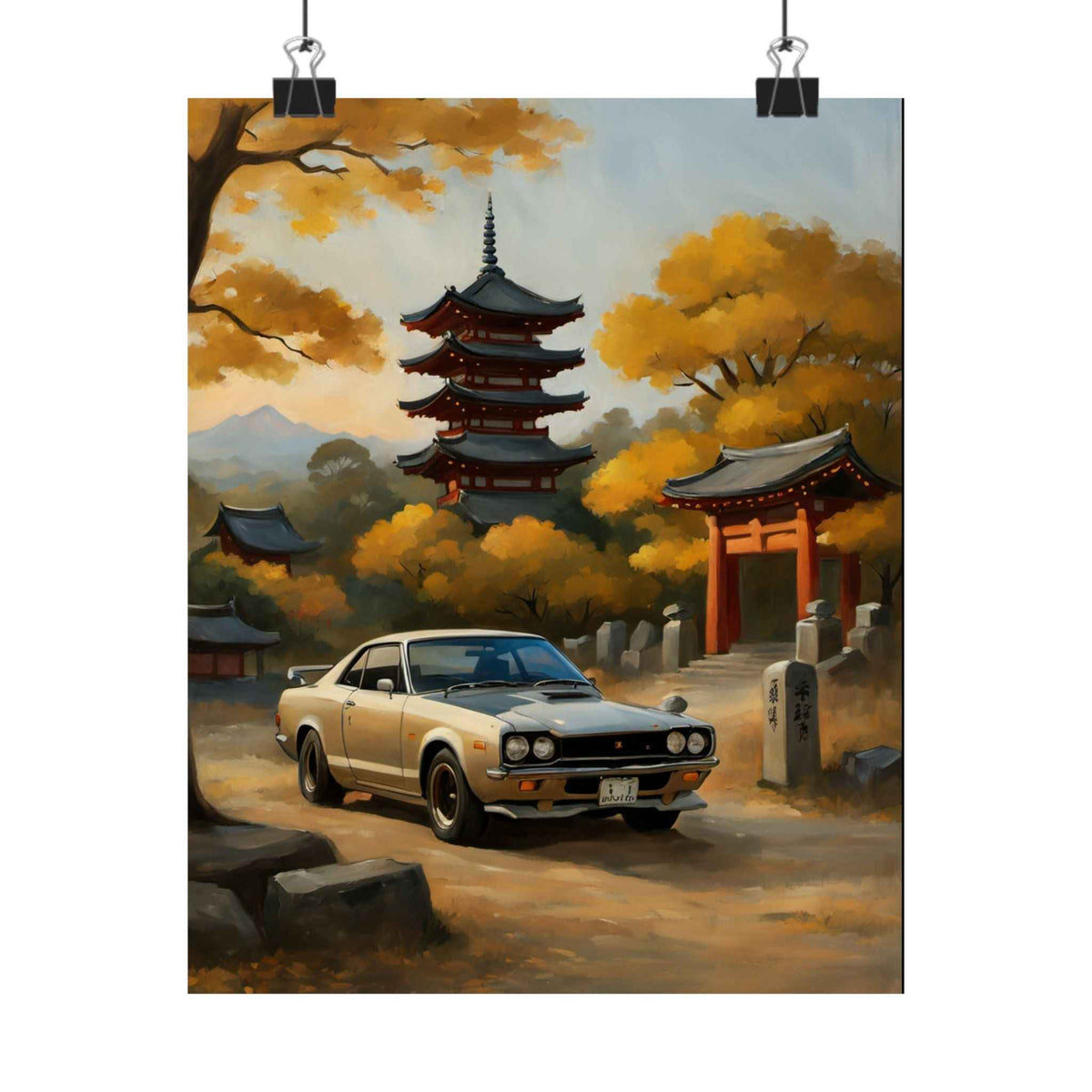 Classic Skyline Poster — Vintage Skyline Car in Autumn Japanese Temple Matte Vertical Poster