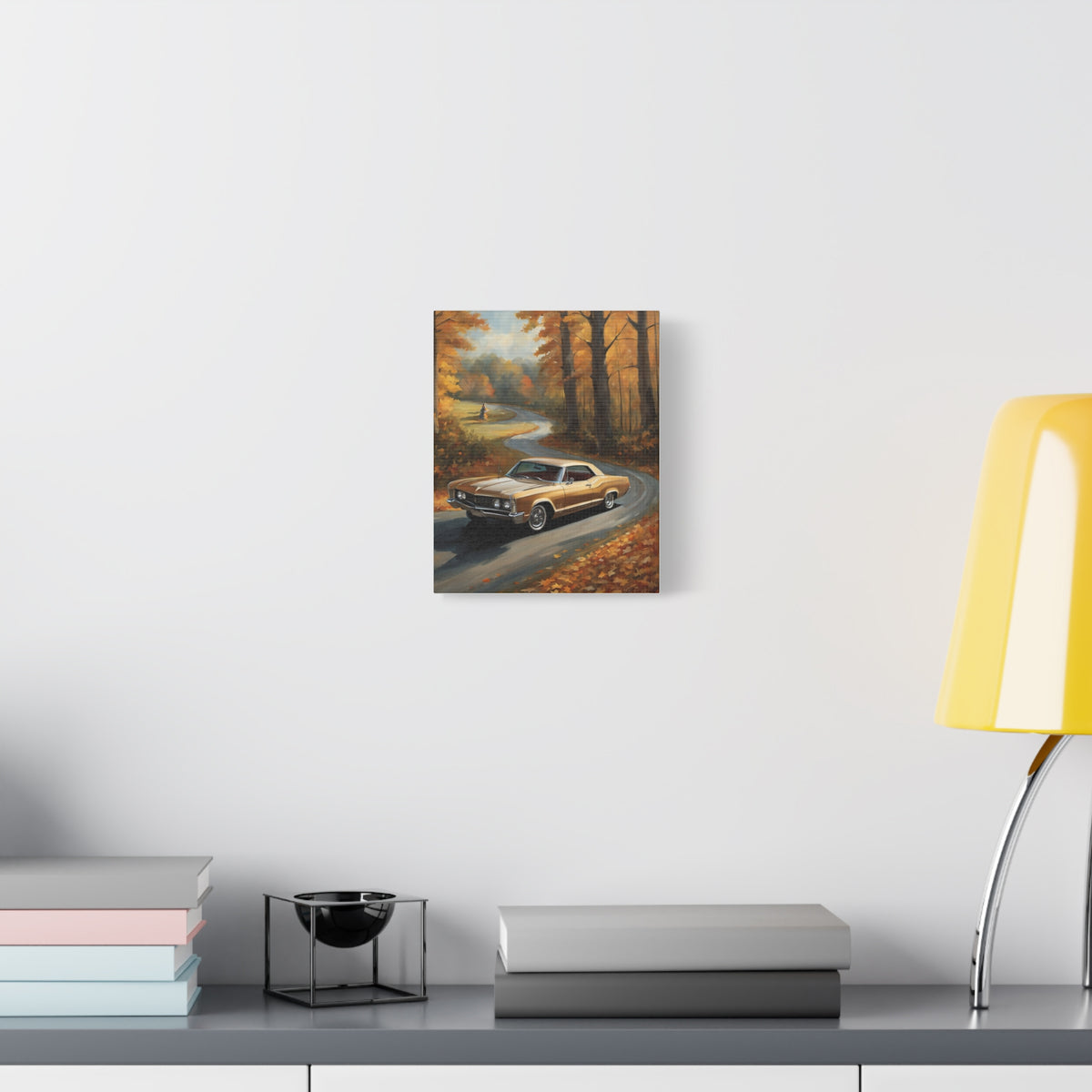 1965 Buick Riviera Canvas Wall Art Vintage Champagne Gold Classic Coupe Painting Autumn Woodland Forest Road Stretched Canvas Print for Living Room Office Decor