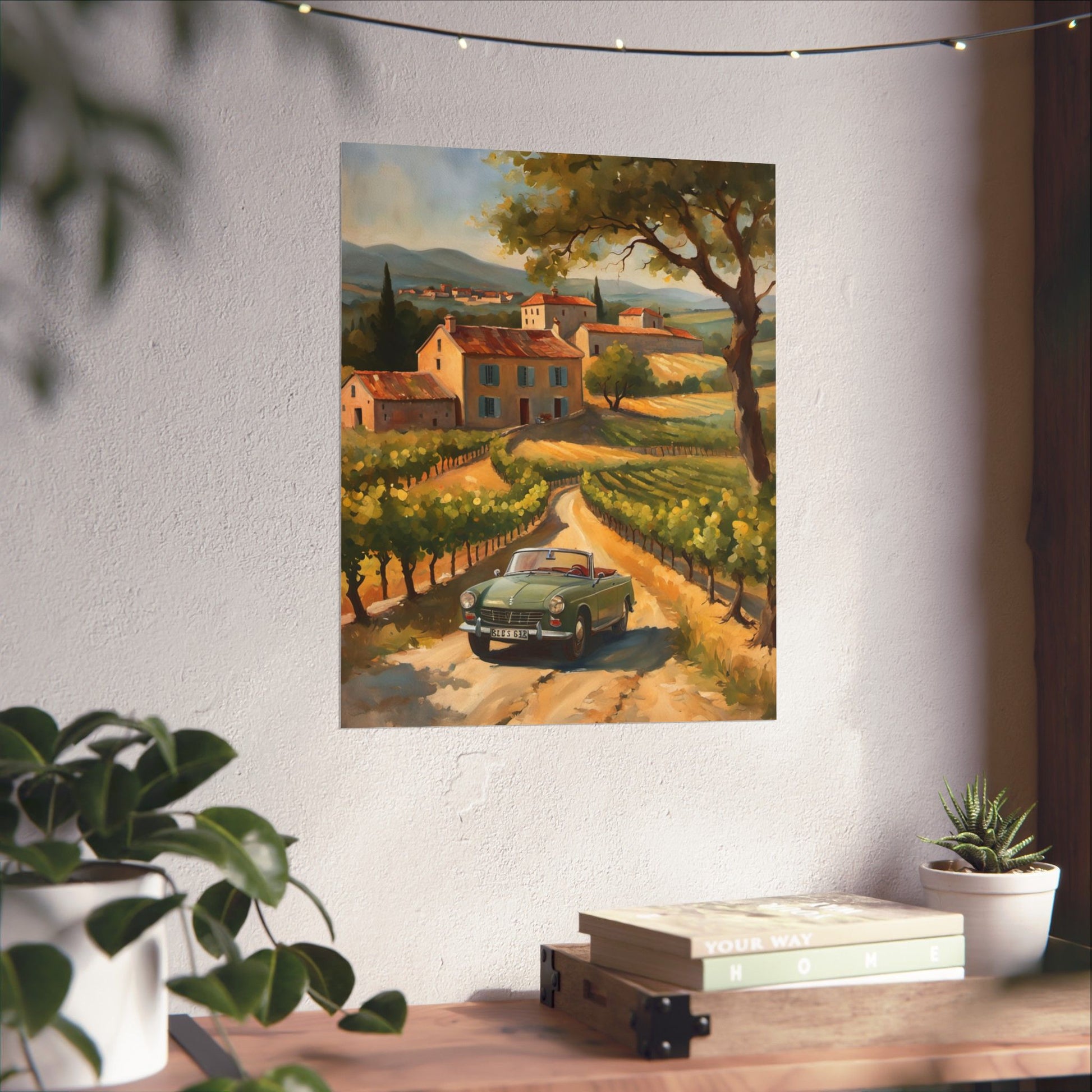 Vintage Car Landscape Poster, Wall Art Decor, Matte Vertical Print, Country Road Scene, Home Decor Gift, Retro Art, Gift for Car Lovers Printify