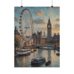 London Skyline Poster — Vintage Thames River Matte Vertical Print (Big Ben & London Eye)