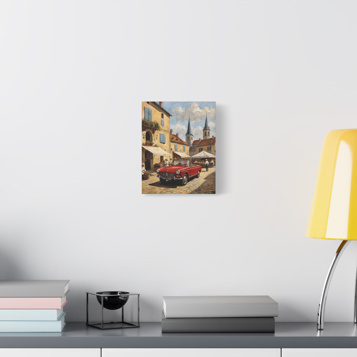 1965 Peugeot 404 Cabriolet Canvas Wall Art Vintage Red French Convertible Painting French Village Square Market Stretched Canvas Print for Living Room Office Decor