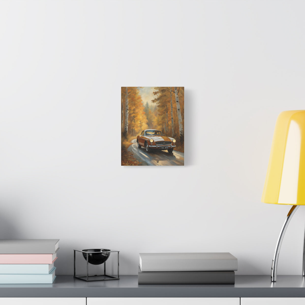 1966 Volvo P1800 Canvas Wall Art Vintage Ochre Gold Coupe Painting Autumn Birch Forest Road Stretched Canvas Print for Living Room Office Decor