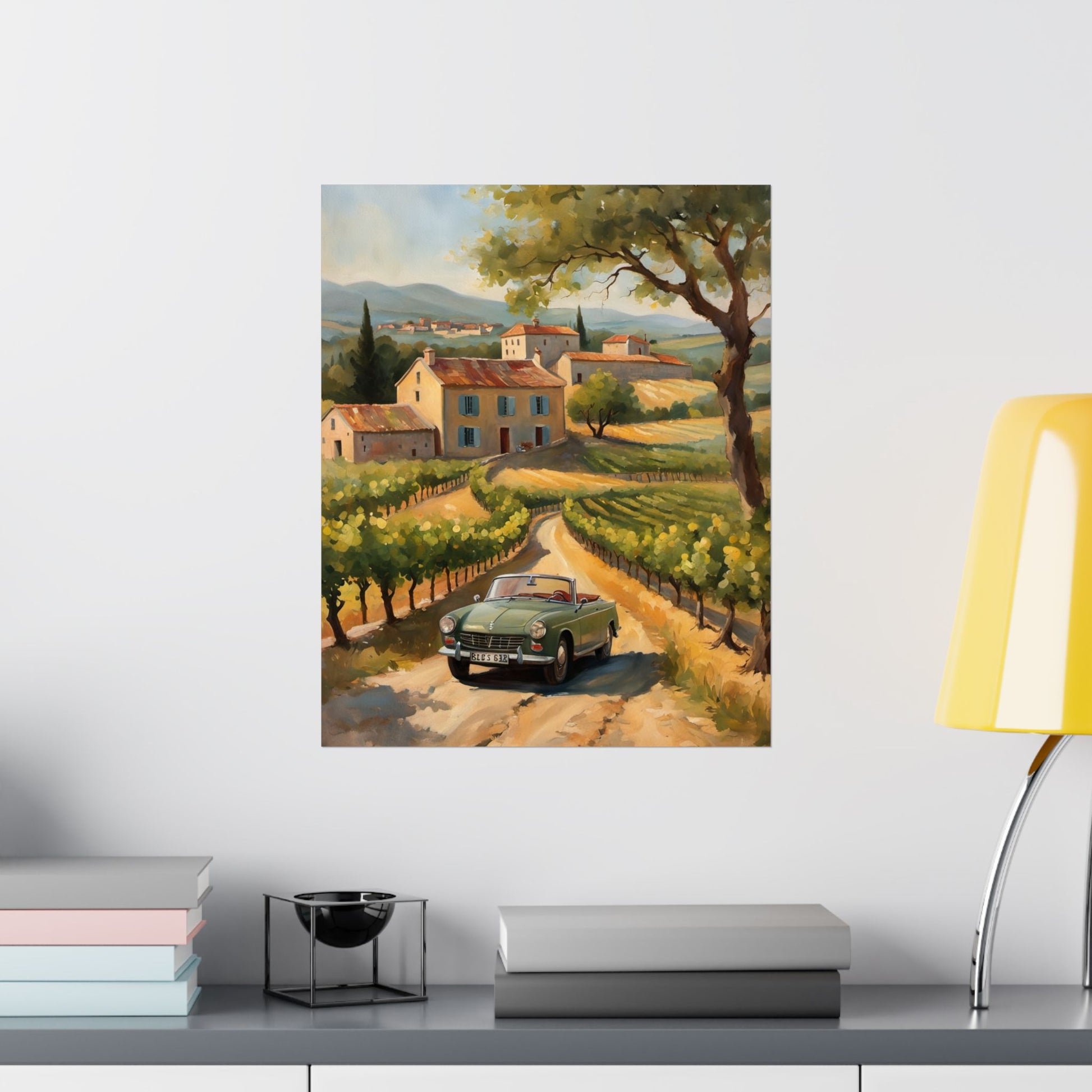 Vintage Car Landscape Poster, Wall Art Decor, Matte Vertical Print, Country Road Scene, Home Decor Gift, Retro Art, Gift for Car Lovers Printify