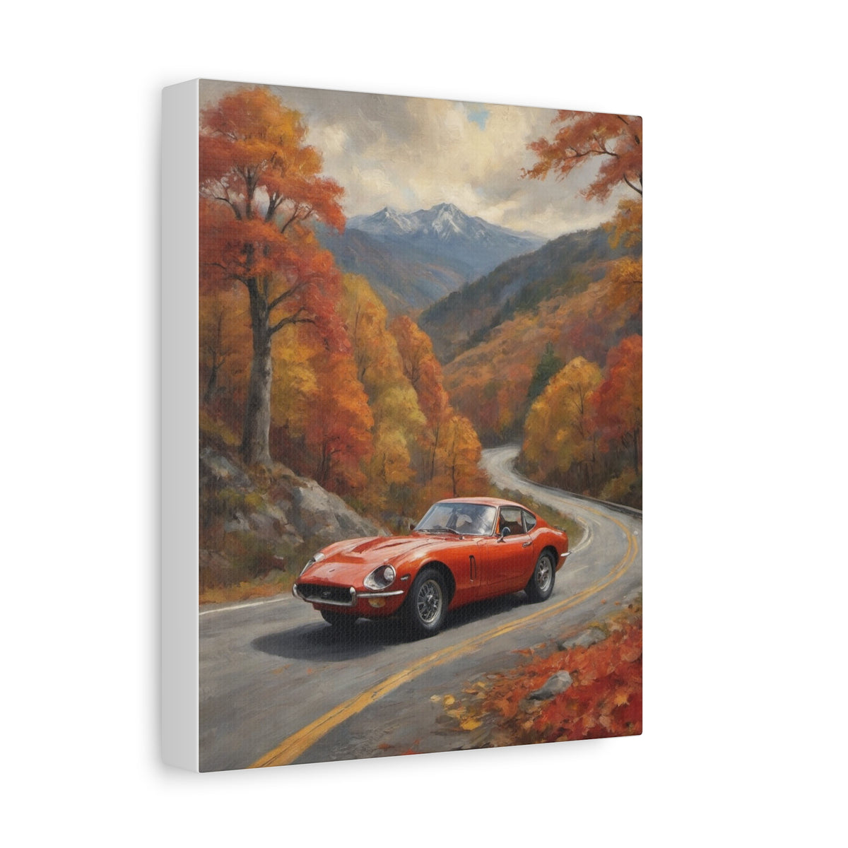 1968 Toyota 2000GT Canvas Wall Art Vintage Solar Red JDM Painting Autumn Mountain Pass Winding Road Stretched Canvas Print for Living Room Office Decor