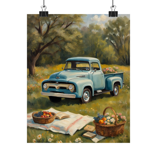 Rustic Farmhouse Poster, Vintage Truck Art Print, Country Decor, Picnic Wall Art, Floral Home Decoration