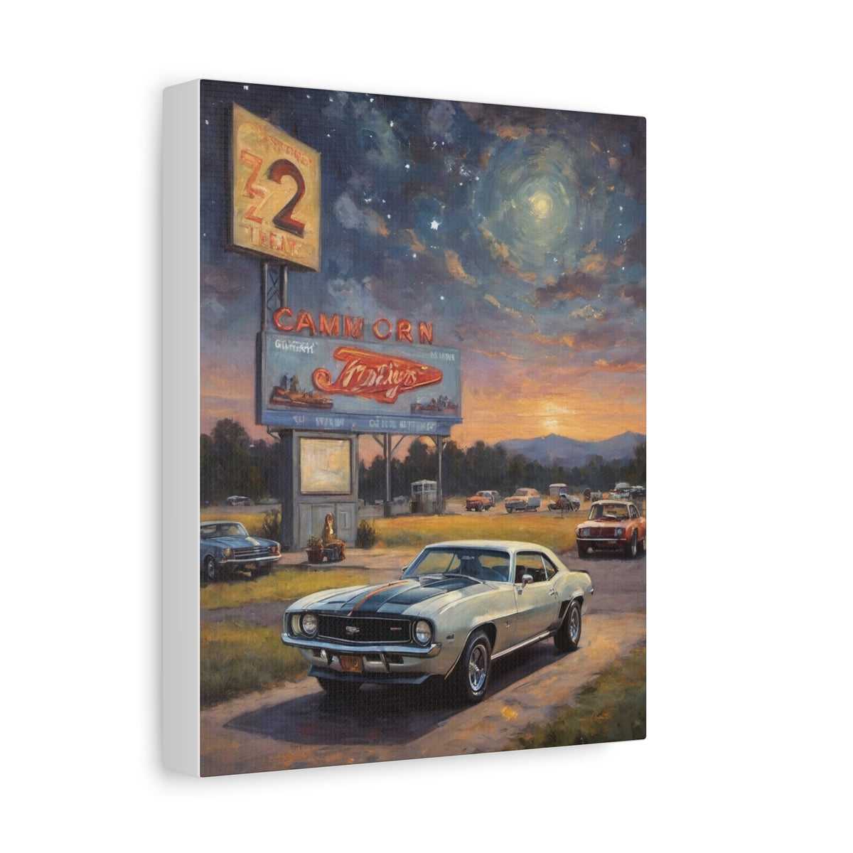 1969 Chevrolet Camaro Z28 Canvas Wall Art Vintage Dover White Black Stripes Muscle Car Painting Drive-In Theater Neon Sign Twilight Stretched Canvas Print for Living Room Office Decor