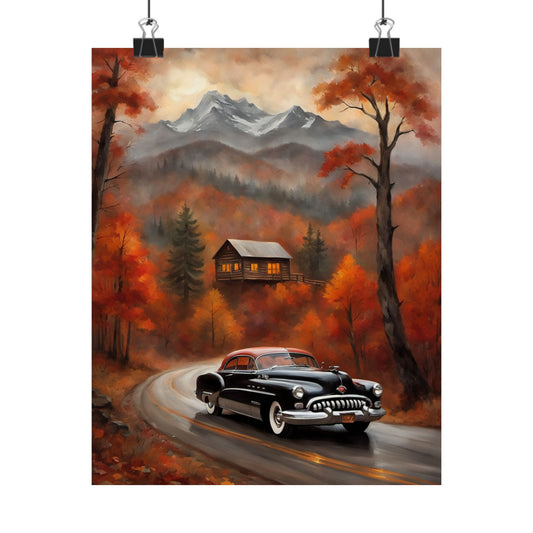 Autumn Landscape Poster, Vintage Car Art, Fall Home Decor, Rustic Wall Art, Cozy Cabin Decor, Gift for Car Lovers