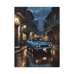 Vintage Blue Skyline Car Canvas — Retro Night Street Art Print