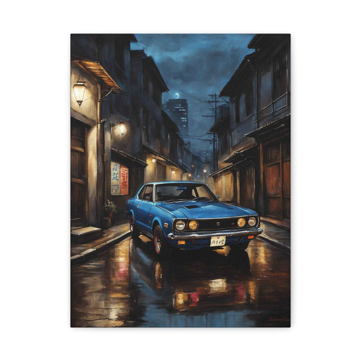 Vintage Blue Skyline Car Canvas — Retro Night Street Art Print