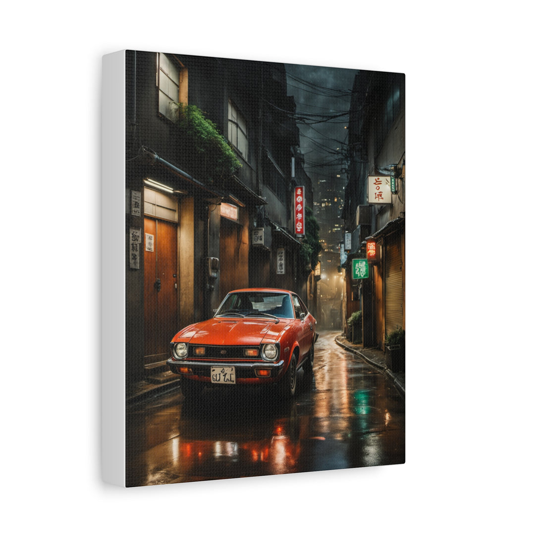 1974 Toyota Celica GT Canvas Wall Art Vintage Bright Orange Japanese Sports Coupe Painting Tokyo Night Alleyway Neon Wet Asphalt Stretched Canvas Print for Living Room Office Decor