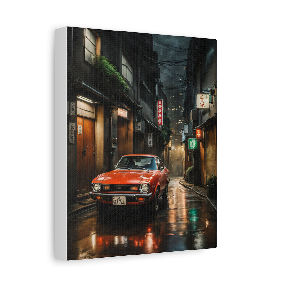 1974 Toyota Celica GT Canvas Wall Art Vintage Bright Orange Japanese Sports Coupe Painting Tokyo Night Alleyway Neon Wet Asphalt Stretched Canvas Print for Living Room Office Decor