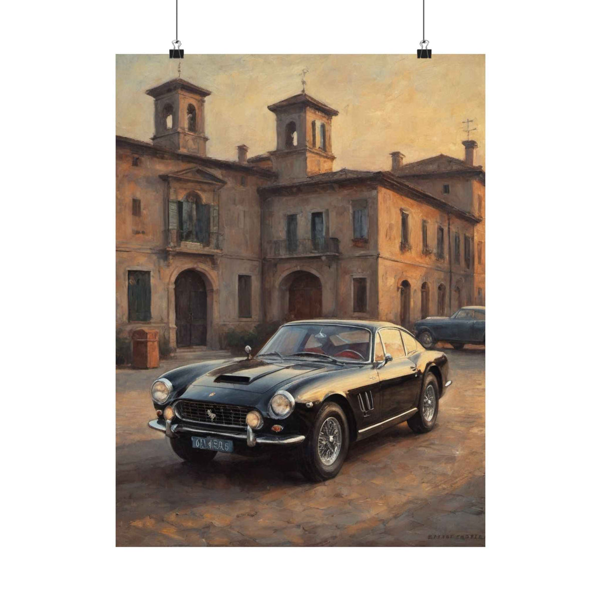 Vintage Ferrari in Italian Piazza Matte Poster — Classic Car Wall Art