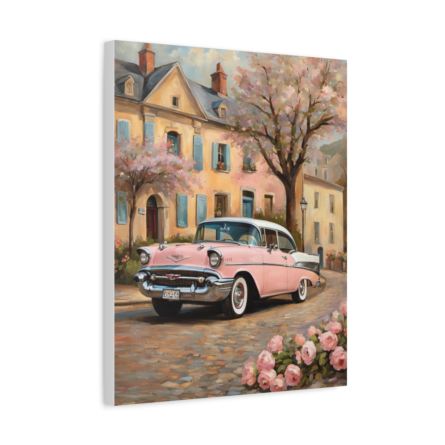 Vintage Car Canvas Print, Home Decor, Wall Art, Gift for Car Lovers, Retro Art, Floral Design, Pink Cadillac - AquilVision