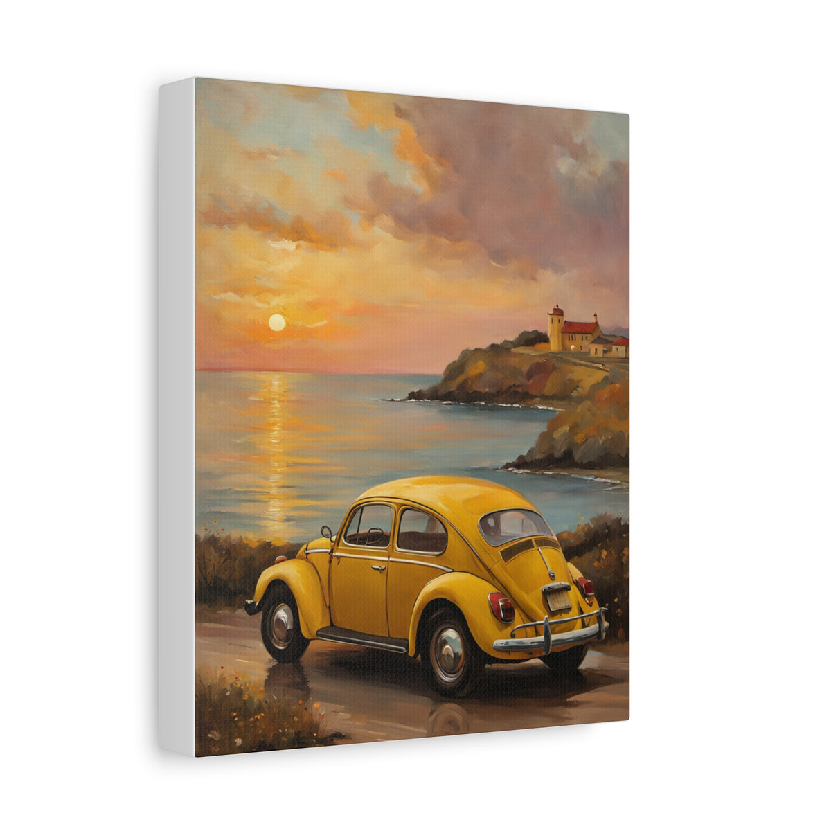 1967 Volkswagen Beetle Canvas Wall Art Vintage Sunflower Yellow Bug Painting Coastal Sunset Ocean Cliffside Stretched Canvas Print for Living Room Office Decor