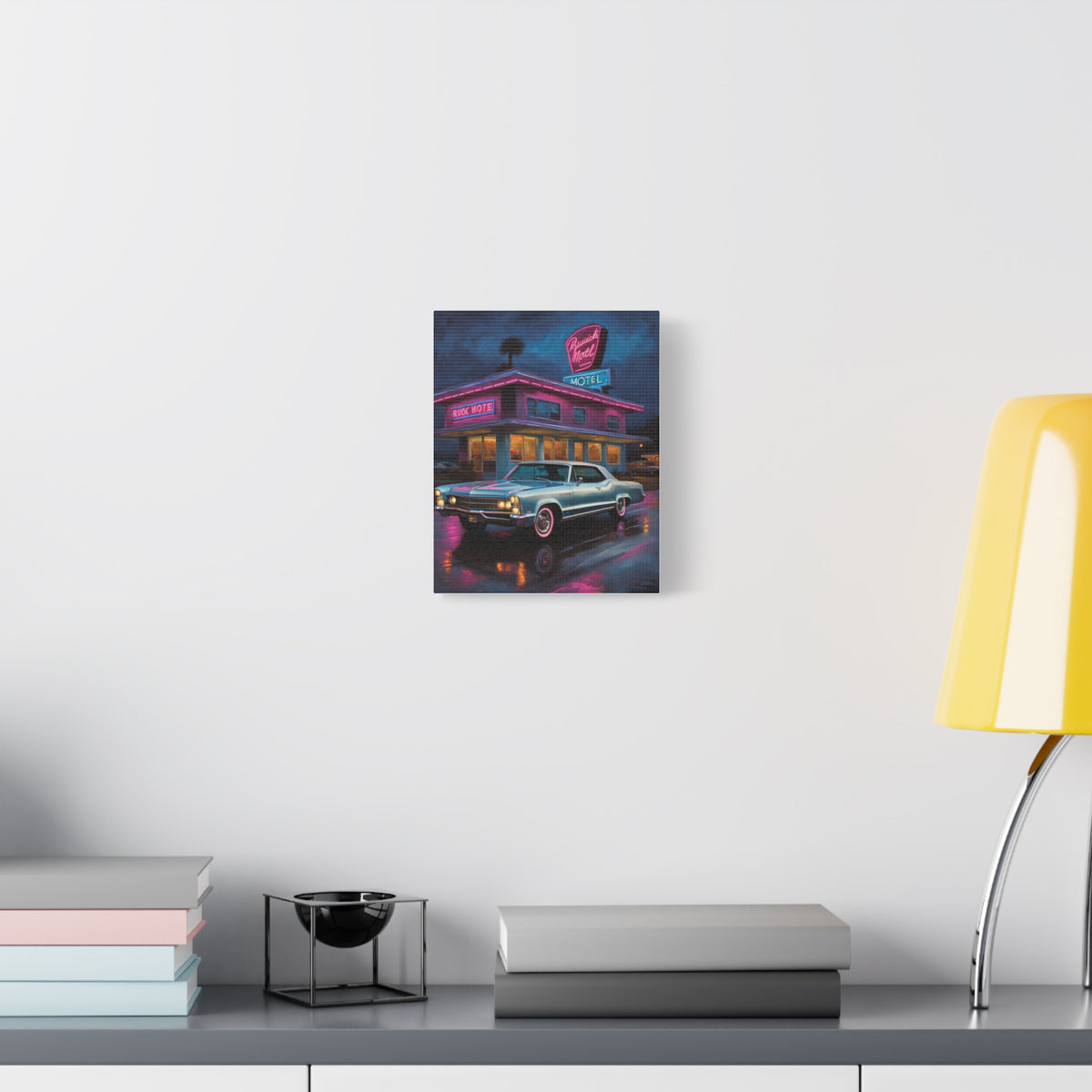 1965 Buick Riviera Canvas Wall Art Vintage Electric Blue Classic Coupe Painting Retro Neon Motel Night Stretched Canvas Print for Living Room Office Decor