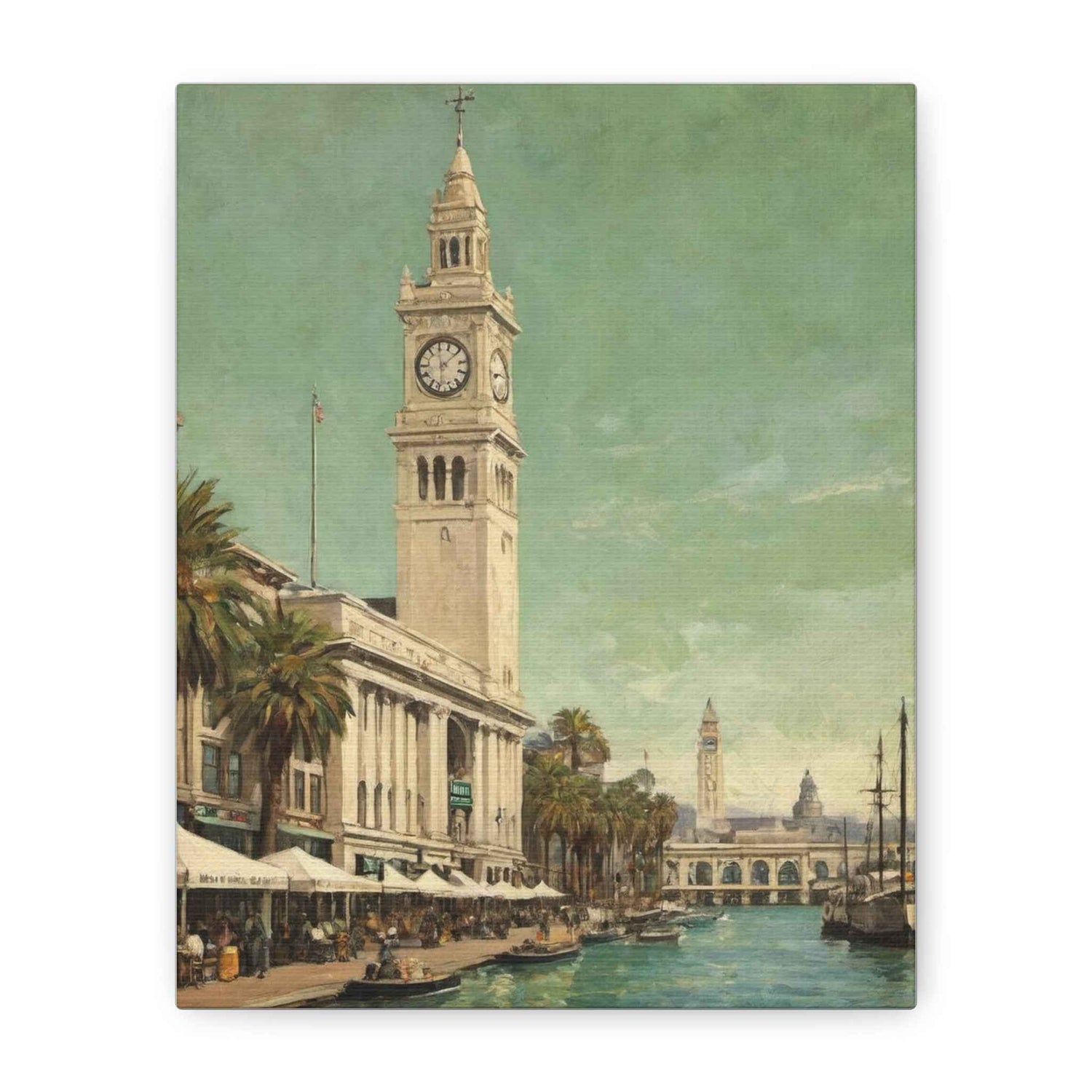 Vintage Harbor Clocktower Canvas Print — Coastal Cityscape Wall Art - AquilVision