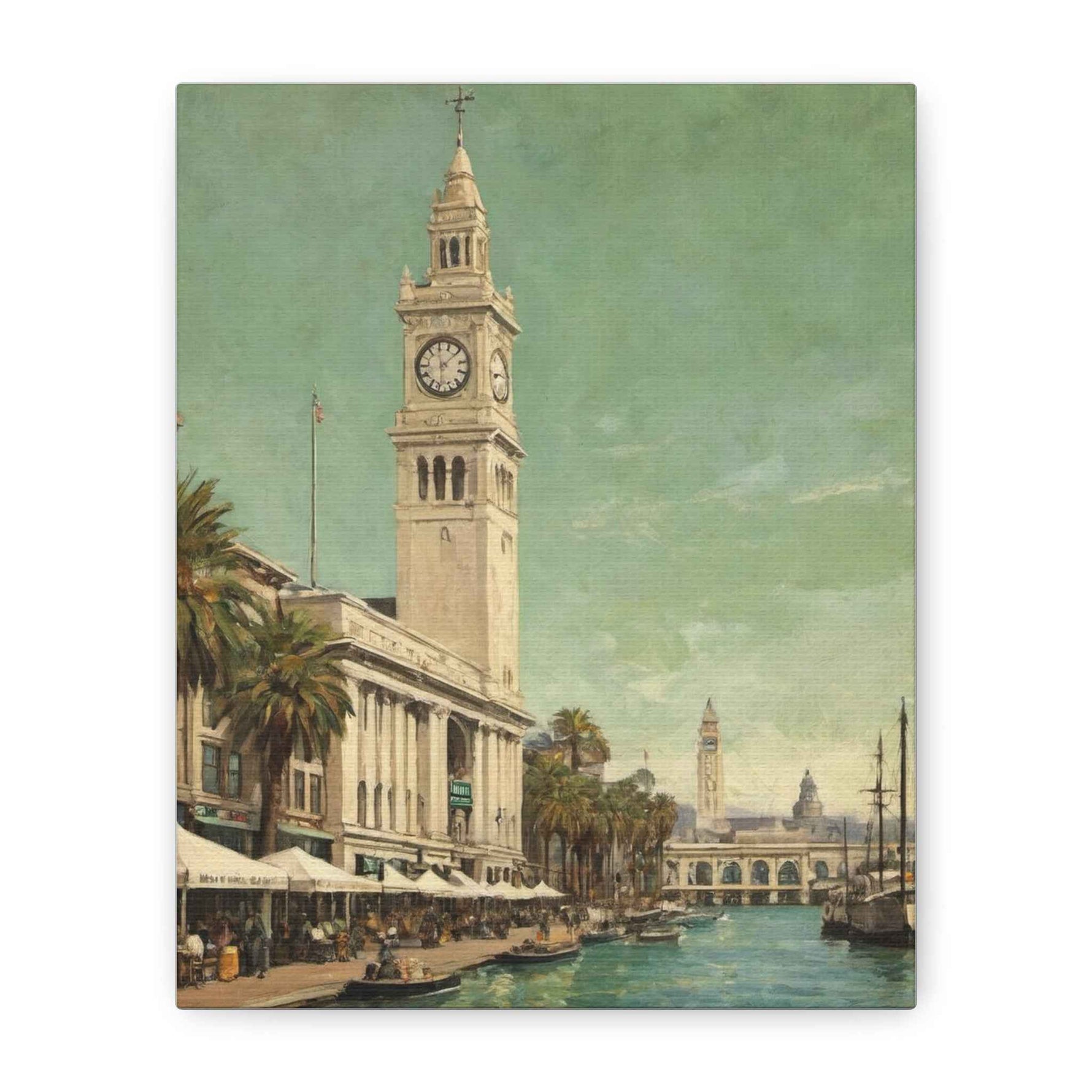 Vintage Harbor Clocktower Canvas Print — Coastal Cityscape Wall Art - AquilVision