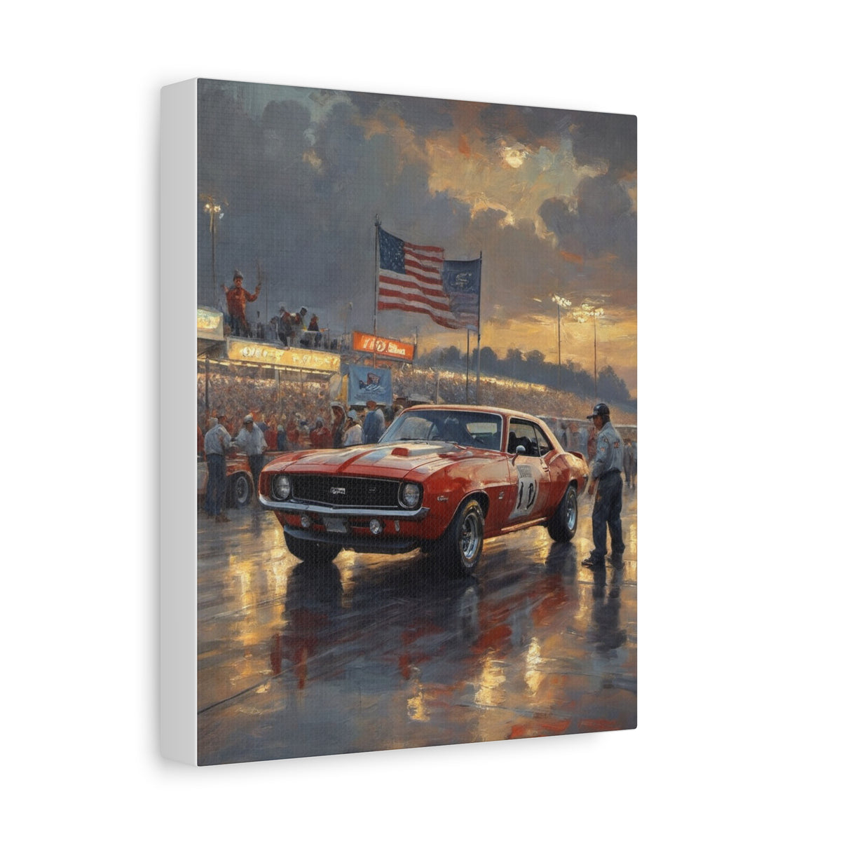 1969 Chevrolet Camaro Z28 Canvas Wall Art Vintage Hugger Orange White Stripes Muscle Car Painting Racetrack Pit Lane American Flag Stretched Canvas Print for Living Room Office Decor