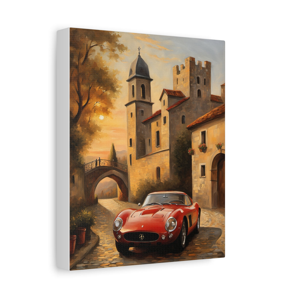 1962 Ferrari 250 GTO Canvas Wall Art Vintage Italian Castle Sunset Painting Classic Sports Car Stretched Canvas Print for Living Room Office Decor