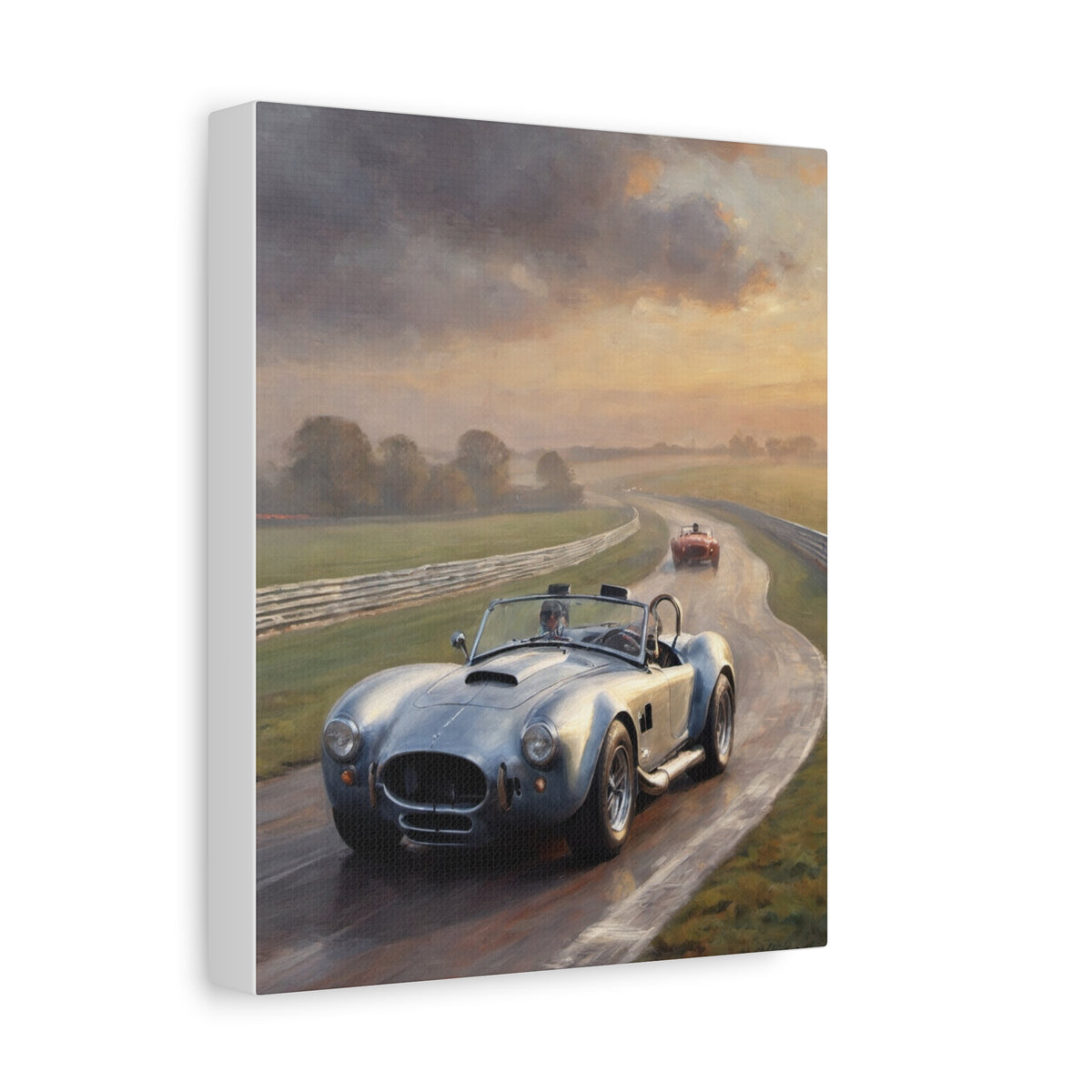 1965 AC Cobra 427 Canvas Wall Art Vintage Silver Sports Car Painting Silverstone Racetrack Misty Morning Stretched Canvas Print for Living Room Office Decor