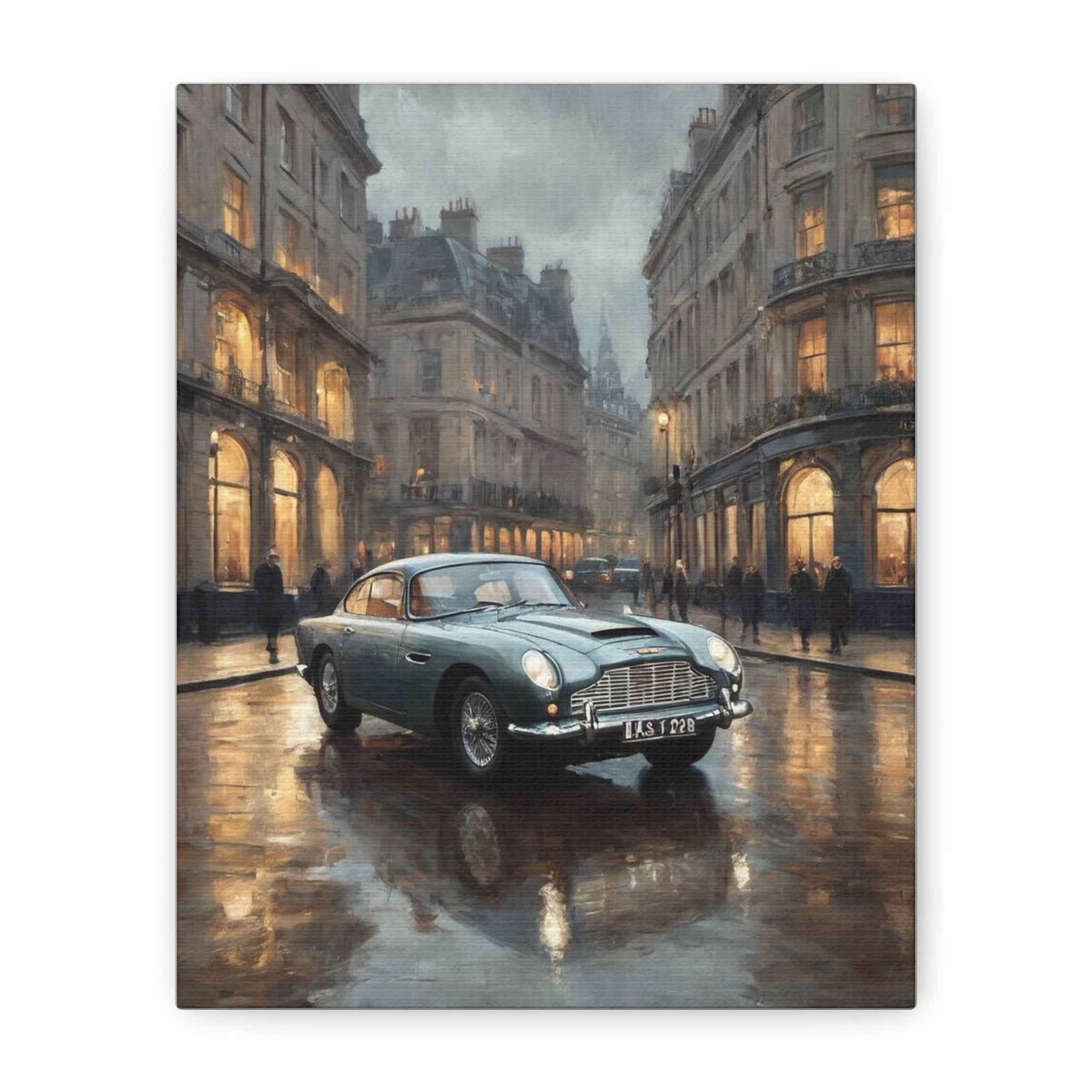 Vintage Aston Martin Canvas Print — Classic Car Street Scene Matte Stretched Wall Art