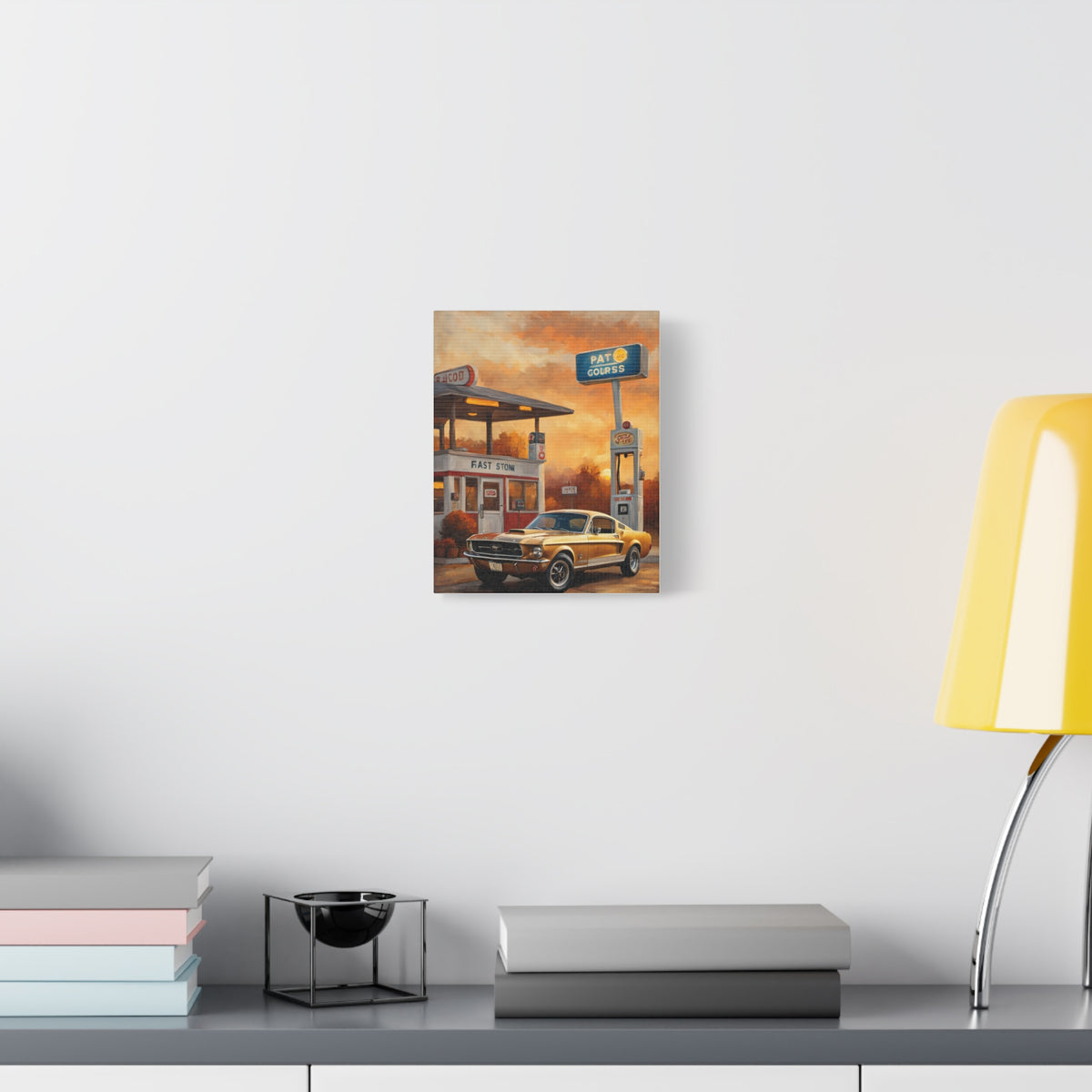 1967 Ford Mustang Fastback Canvas Wall Art Vintage Gold Muscle Car Painting Retro Gas Station Sunset Stretched Canvas Print for Living Room Office Decor