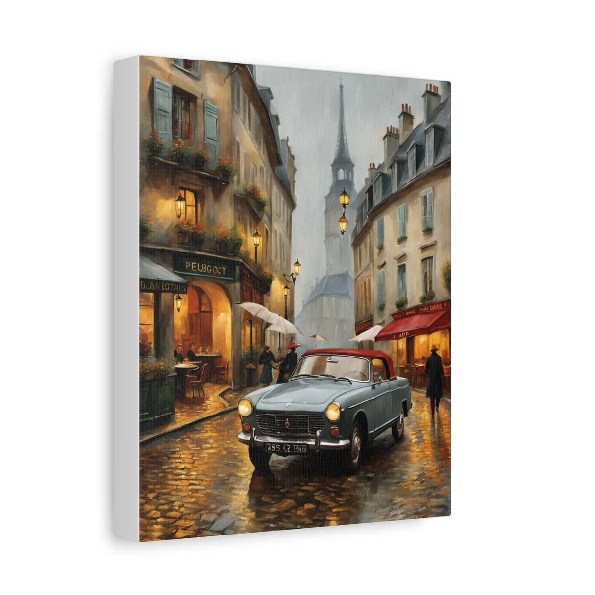 1965 Peugeot 404 Cabriolet Canvas Wall Art Vintage Emerald Green French Convertible Painting Woodland Spring Forest Road Stretched Canvas Print for Living Room Office Decor