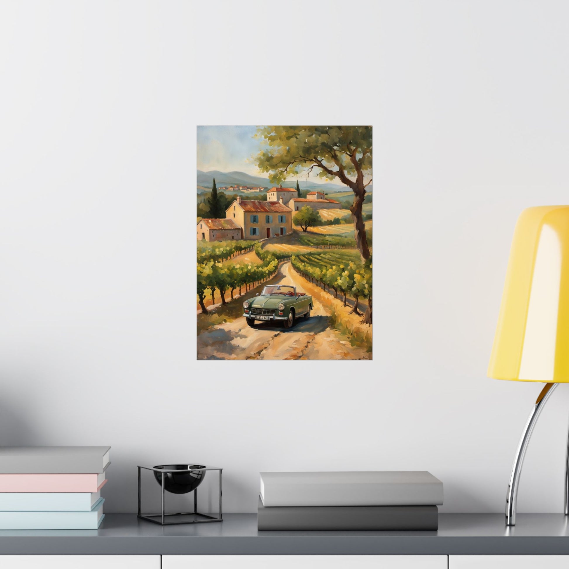 Vintage Car Landscape Poster, Wall Art Decor, Matte Vertical Print, Country Road Scene, Home Decor Gift, Retro Art, Gift for Car Lovers Printify
