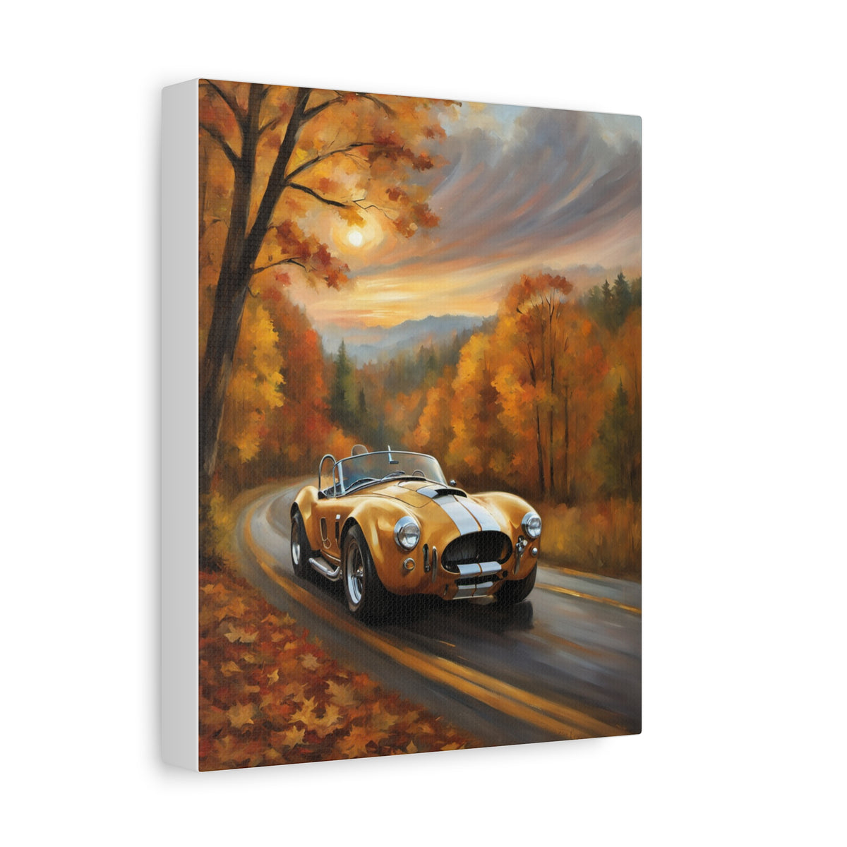 1966 Shelby Cobra 427 Canvas Wall Art Vintage Gold Sports Car Painting Autumn Mountain Road Sunset Stretched Canvas Print for Living Room Office Decor