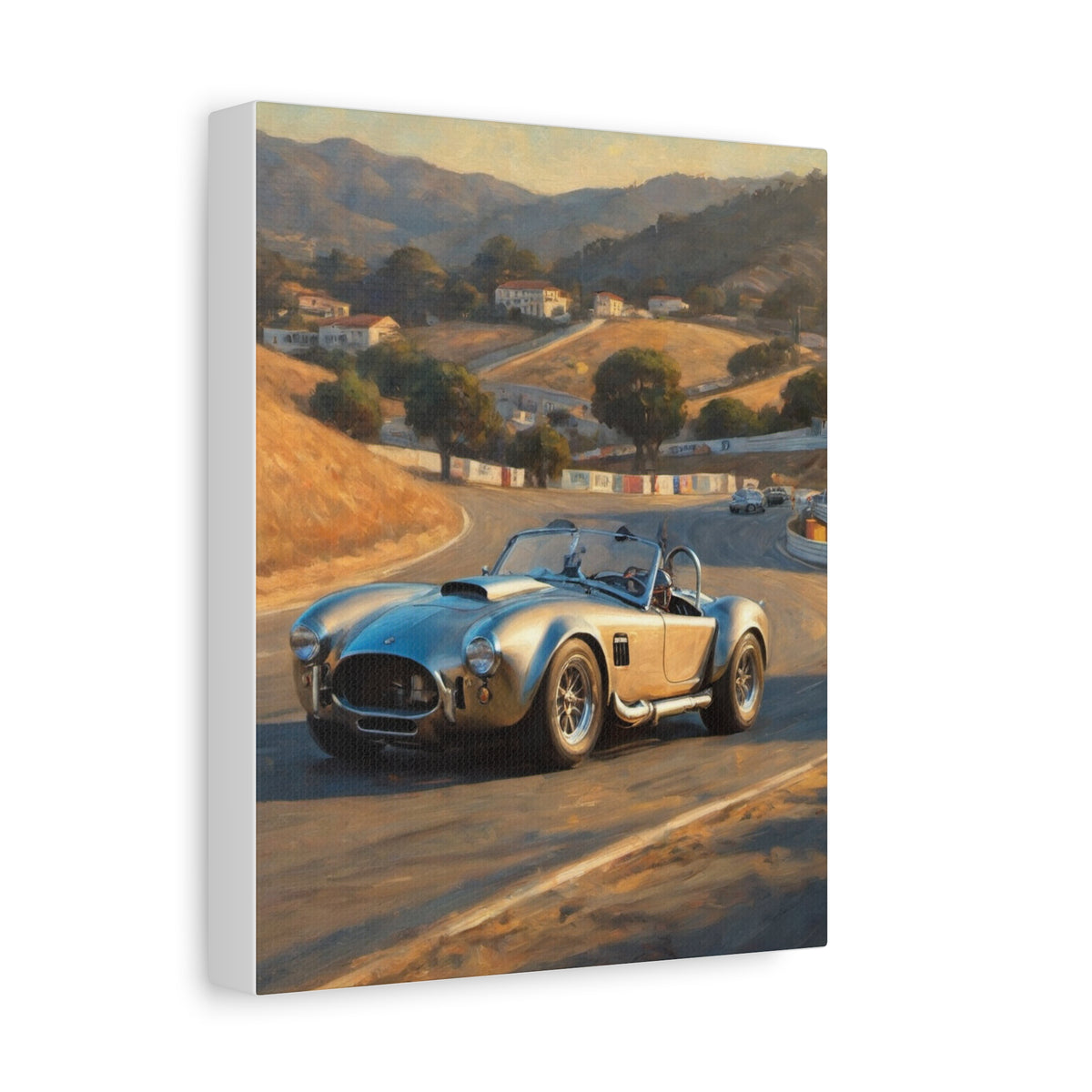 1965 AC Cobra 427 Canvas Wall Art Vintage Brushed Silver Sports Car Painting Laguna Seca Racetrack Sunset Stretched Canvas Print for Living Room Office Decor