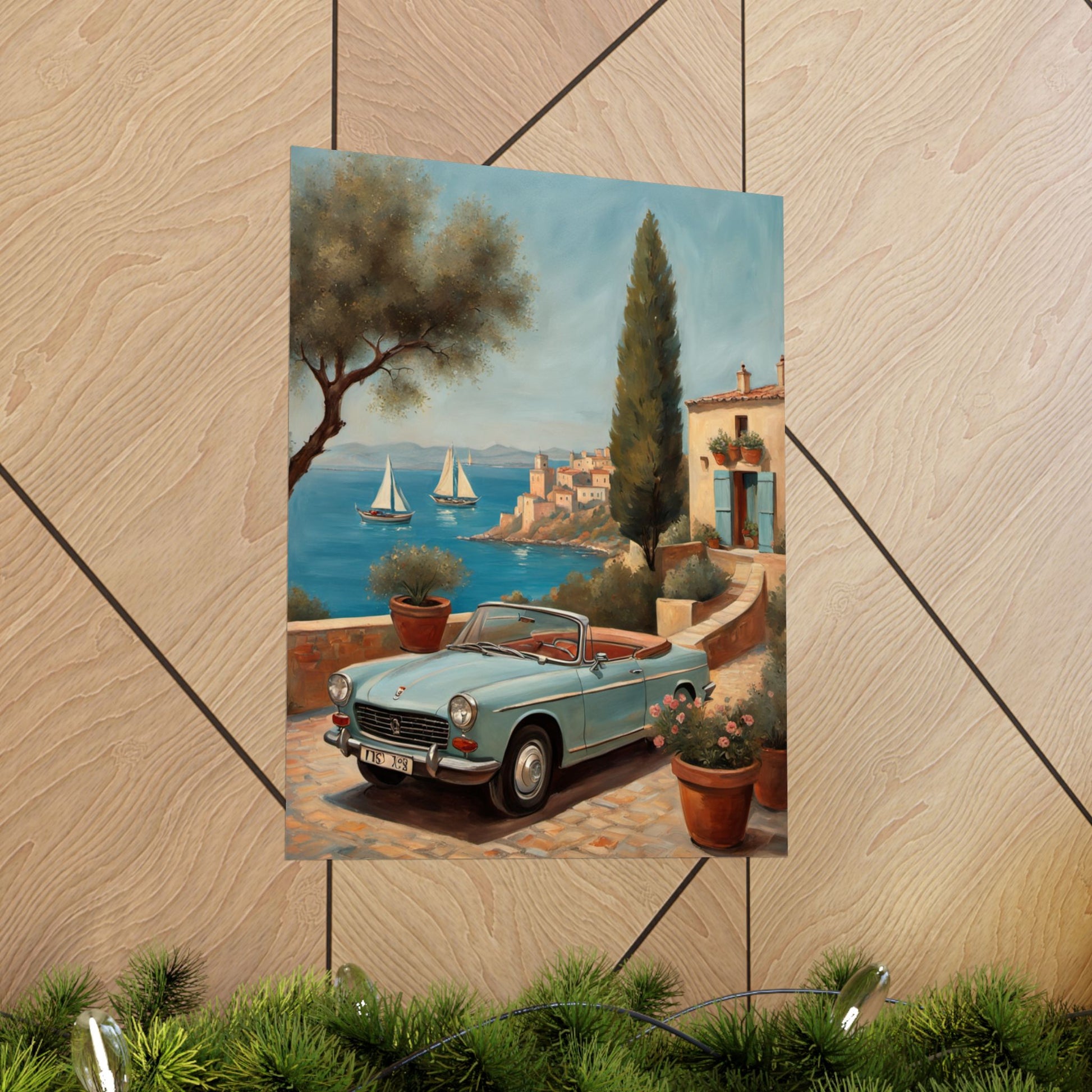 Scenic Vintage Car Art Matte Vertical Posters, Vintage Car Art, Mediterranean Vibes, Home Decor, Wall Art for Travel Lovers Printify