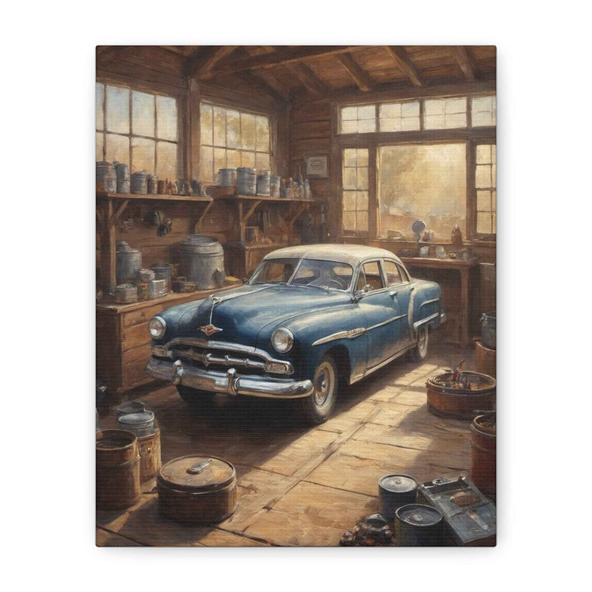 Vintage Blue Car Garage Canvas Print — Matte Stretched Wall Art