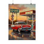 Vintage Chevrolet Gas Station Poster — Retro 1950s Red Car Matte Vertical Print