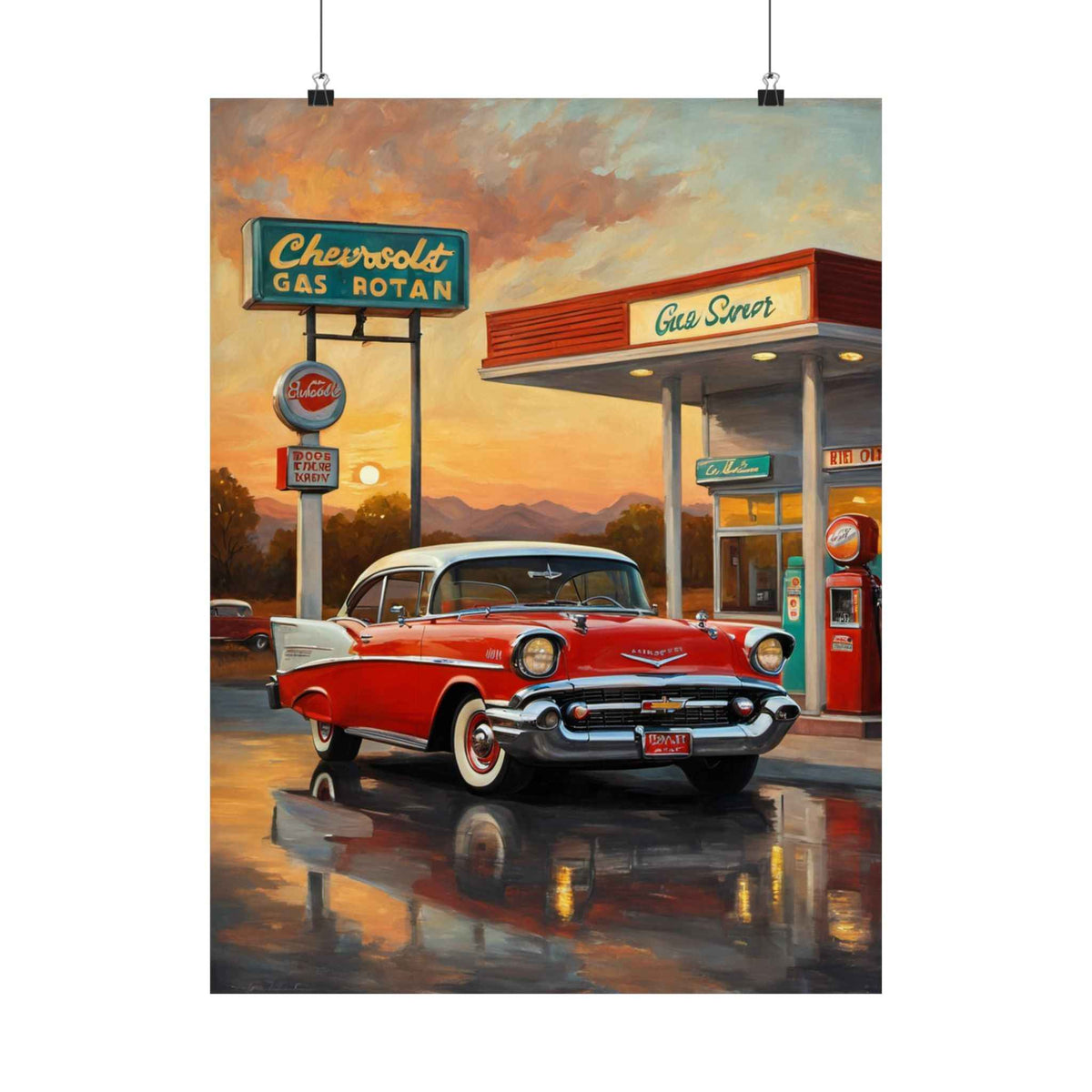 Vintage Chevrolet Gas Station Poster — Retro 1950s Red Car Matte Vertical Print