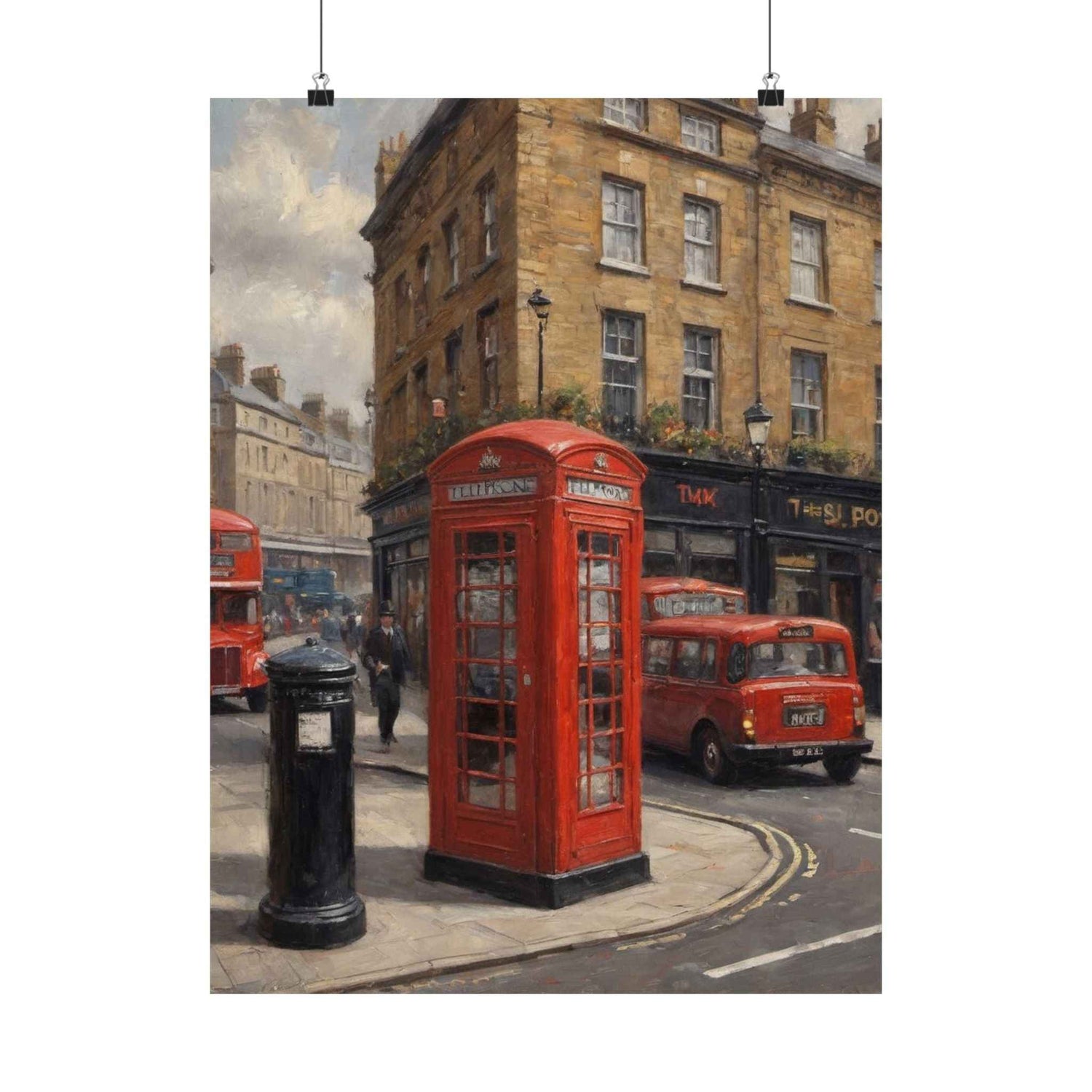 Vintage London Street Poster — Red Phone Booth Matte Vertical Print