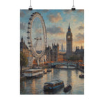 London Skyline Poster — Vintage Thames River Matte Vertical Print (Big Ben & London Eye)